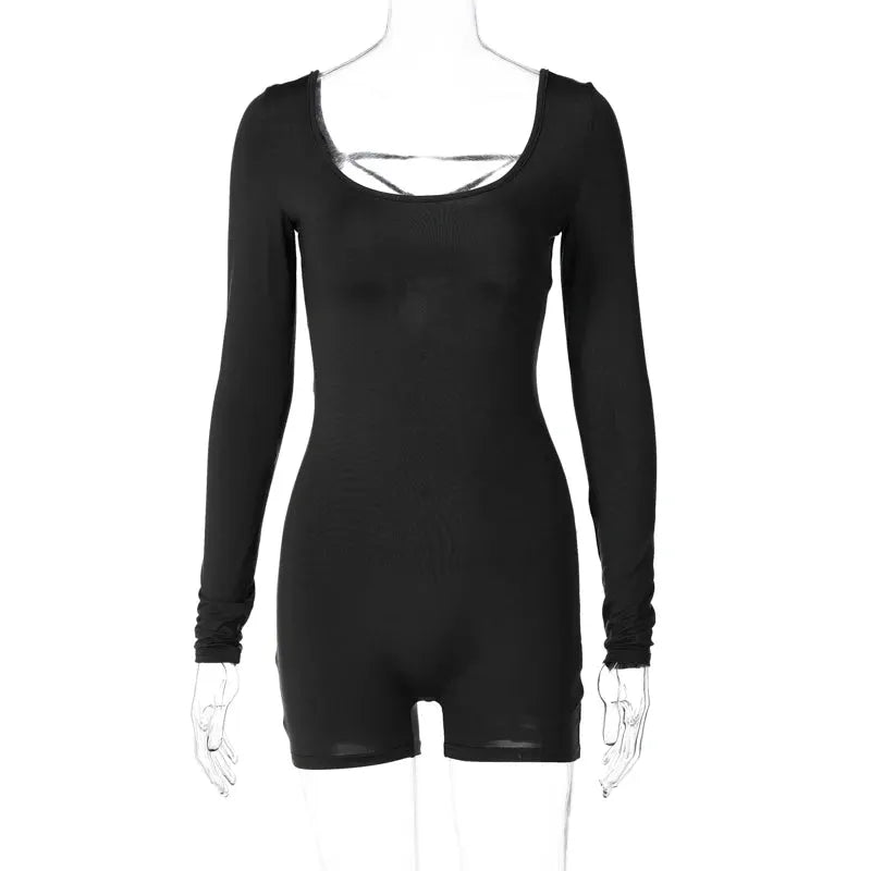 Hugcitar black long-sleeve backless lace-up playsuit by Simples Market, slim-fit romper