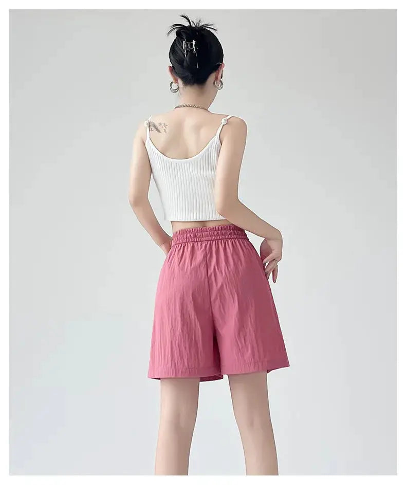 Summer women shorts pink high-waist with elastic waistband and two pockets