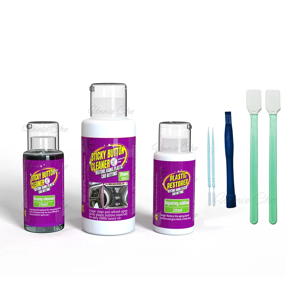 Simples Market sticky button cleaning kit for car buttons, 3 purple bottles with spatulas and picks