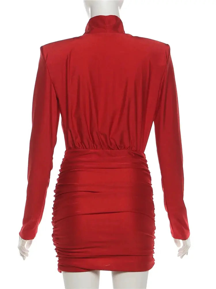 Nibber Turtleneck Dress Women Shoulder Ruched Peach Mini Bodycon
