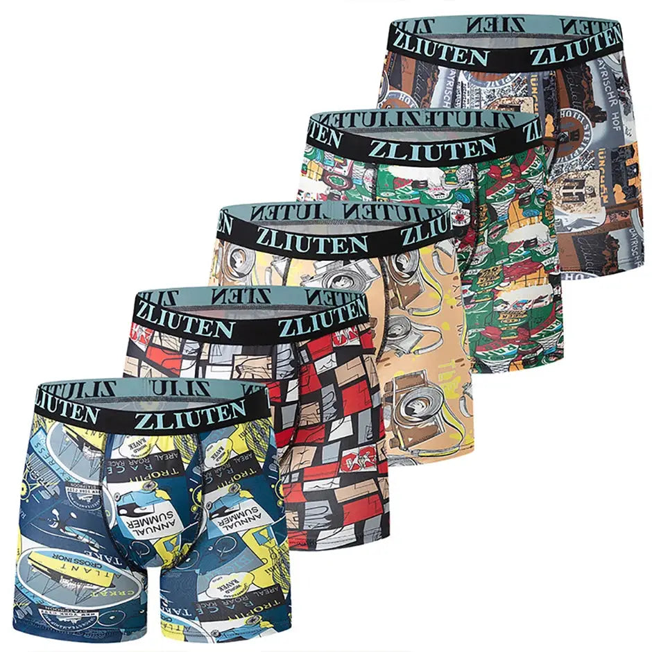 Men's boxer briefs, 6-pack with assorted graphic prints and ZLIUTEN elastic waistband