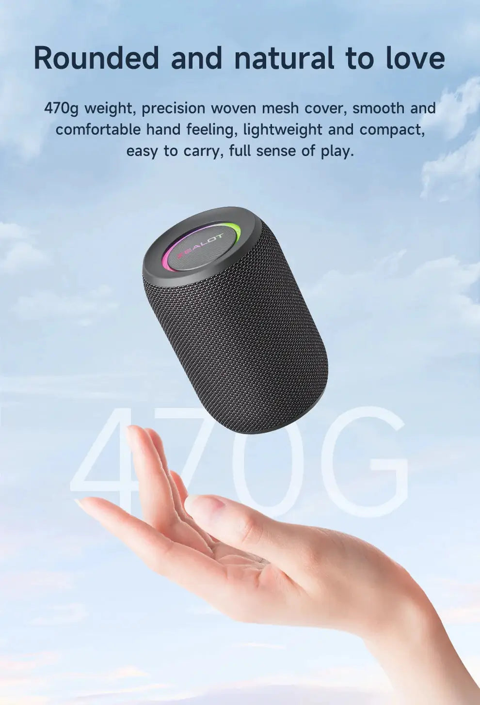 ZEALOT-S32PRO Bluetooth speaker with black mesh cover, LED ring, portable outdoor waterproof design for parties