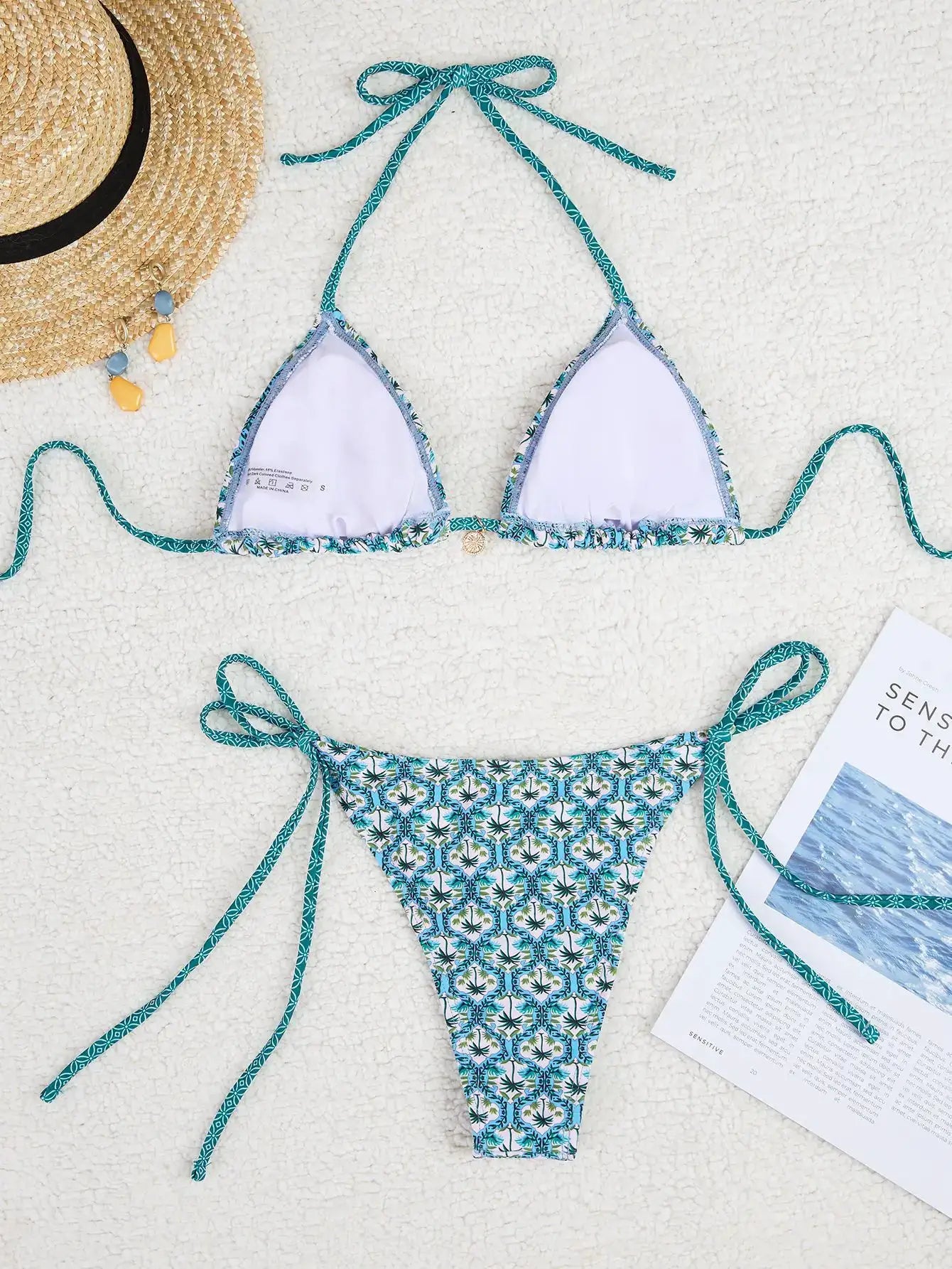 Turquoise floral print triangle bikini set with string-tie top and Brazilian bottoms