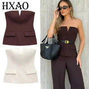 HXAO Women Strapless Off White Corset Inspired Backless Crop Top Sleeveless Summer Tank For Layering