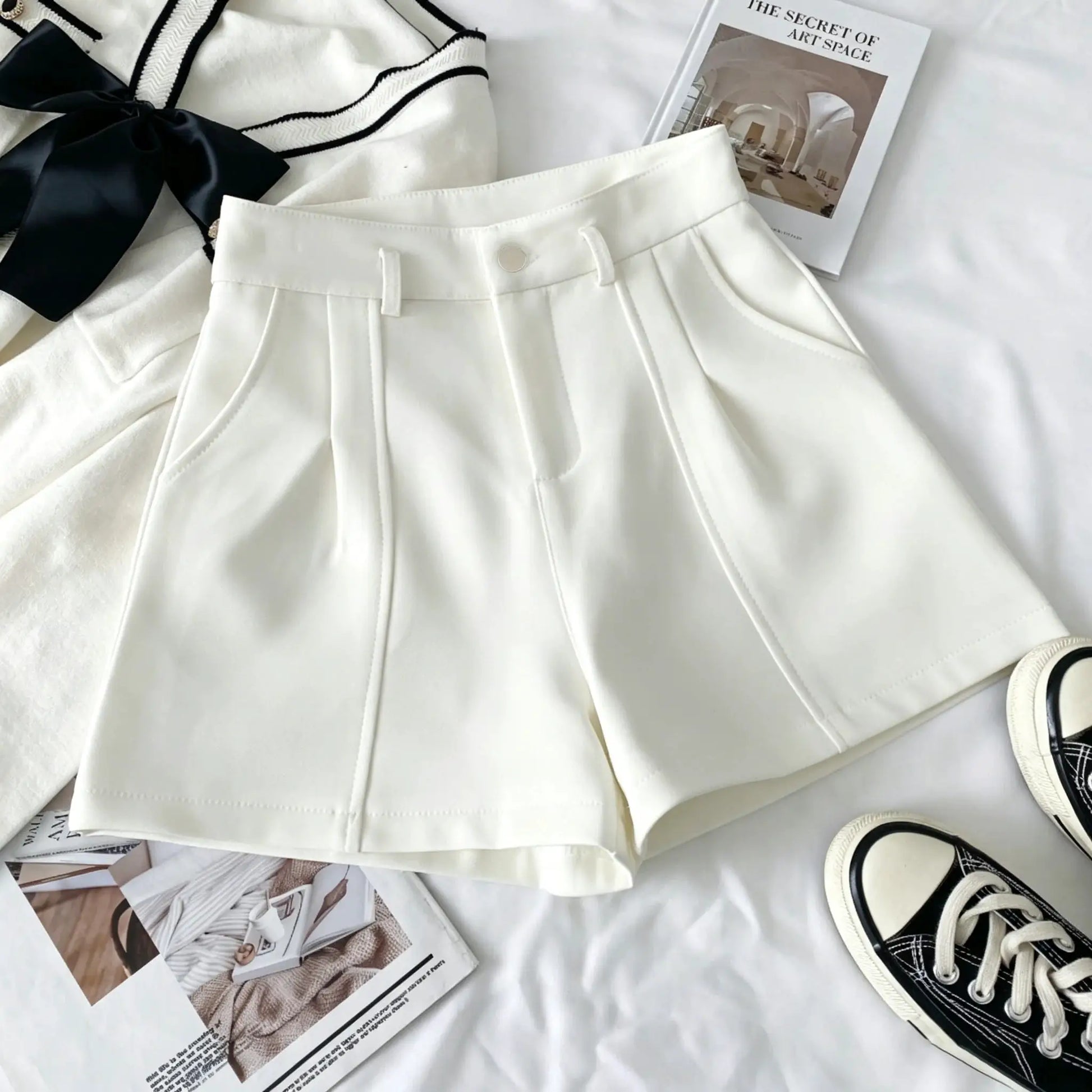 Casual Women A-Line Shorts, white high-waisted design with belt loops for office and summer streetwear.