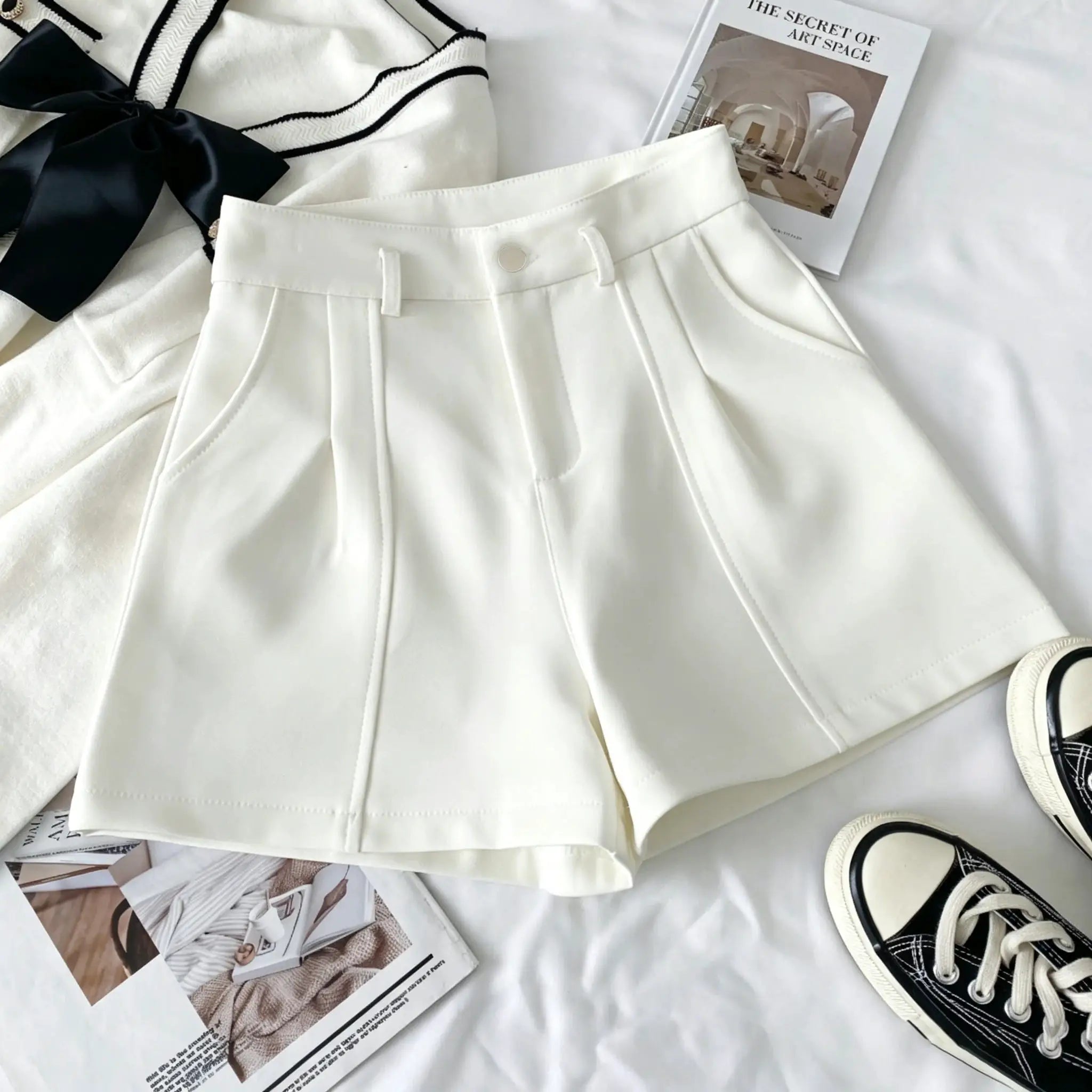 Casual Women A-Line Shorts, white high-waisted design with belt loops for office and summer streetwear.