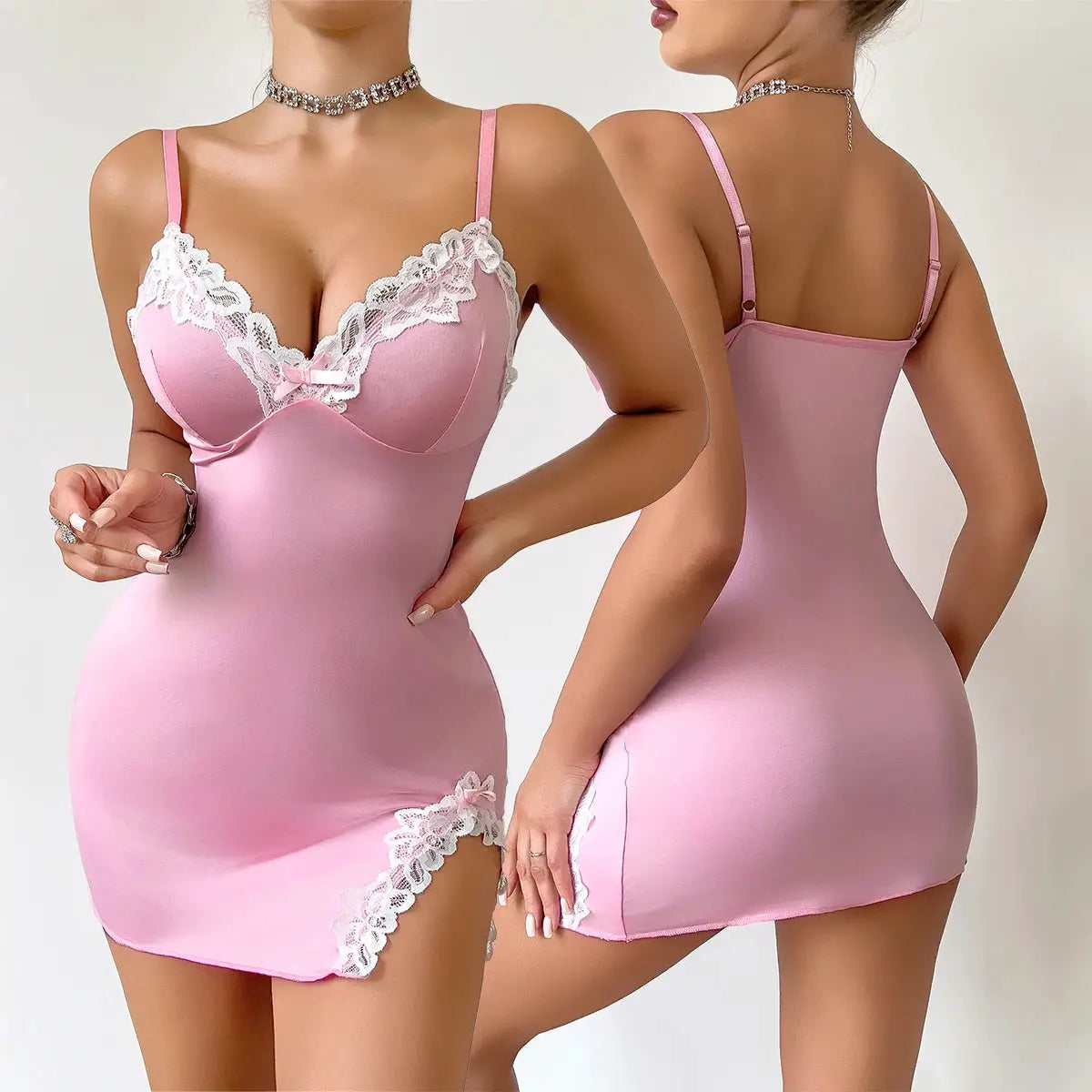LingerieLux Pink Deep V Sleeveless Nightdress Breathable Nylon Elastane Lace Sleepwear