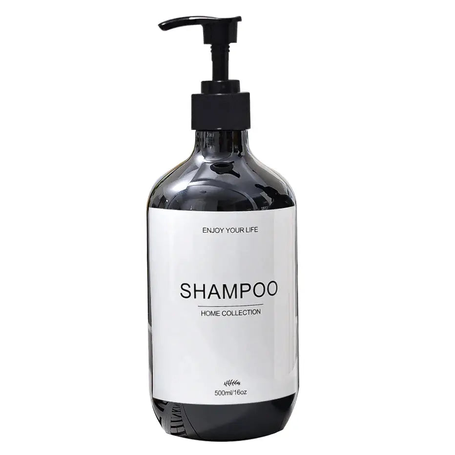 Shampoo dispenser bottle with pump, 500ml, dark translucent bottle with white SHAMPOO label