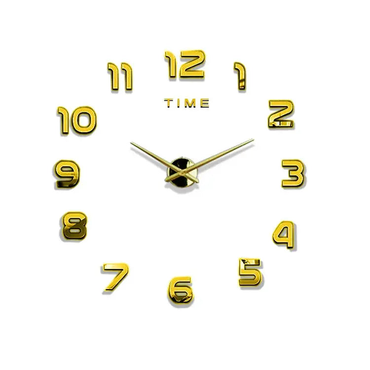 Large wall clock with gold 3D acrylic numbers and silver hands on white background