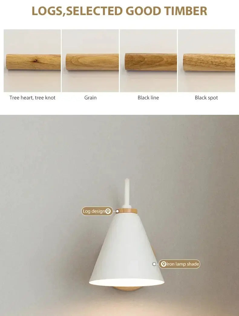 Nordic wall sconce light fixture by Simples Market; white conical shade with natural wood band, shown with four wood finish options.