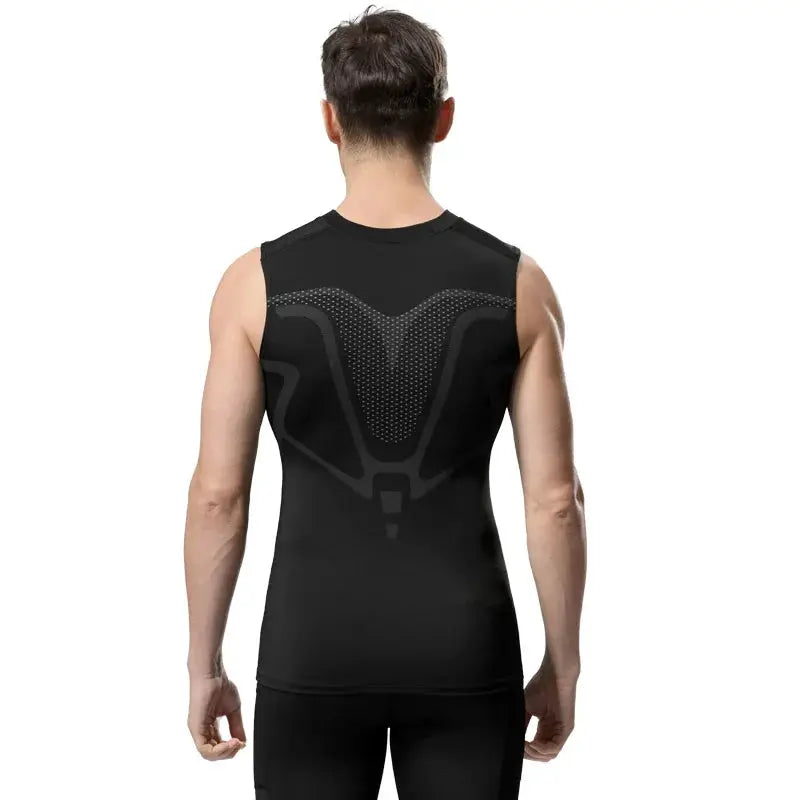 Men's black compression tank top, sleeveless gym shirt with ventilated back panel.