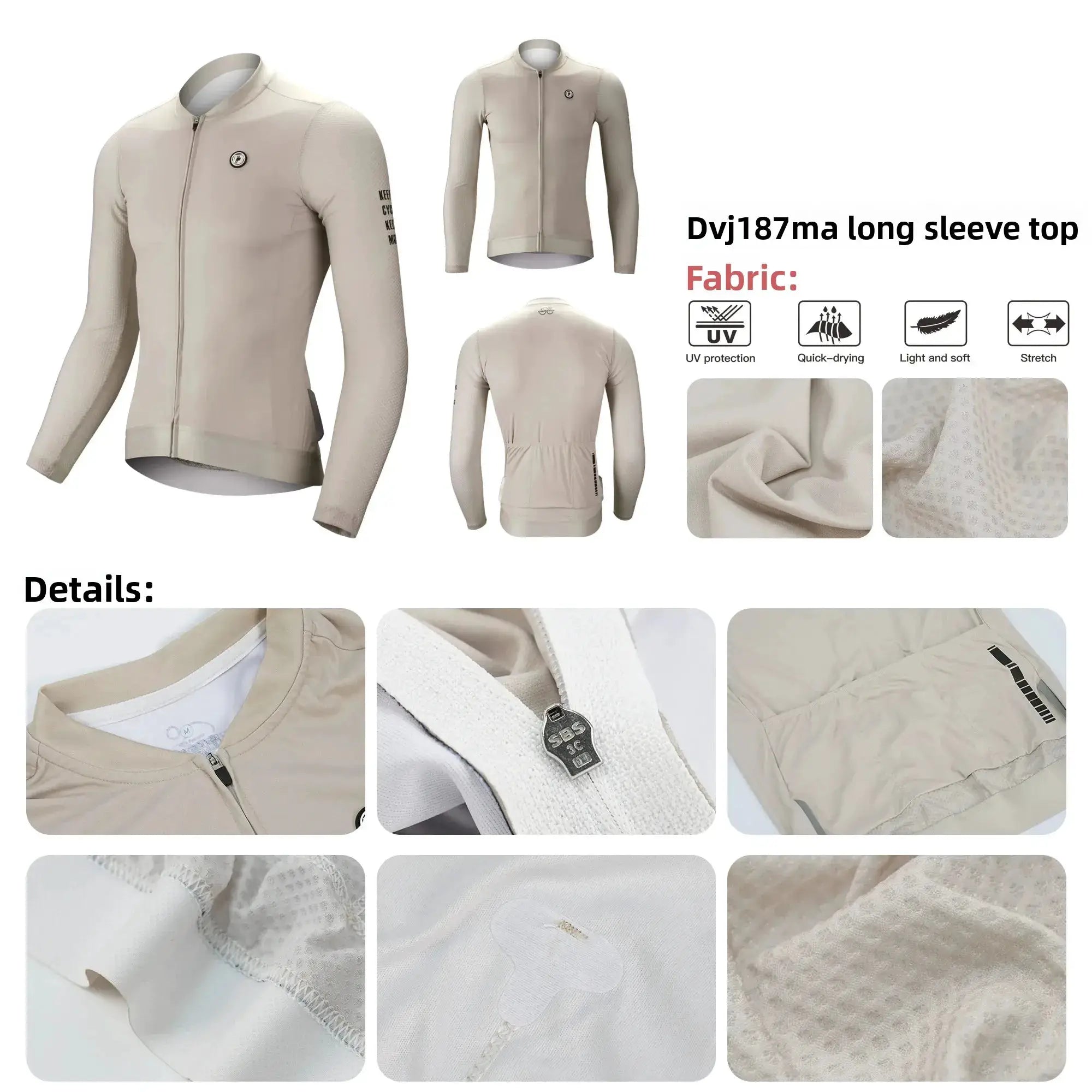 DAREVIE beige long-sleeve cycling jersey with full zipper and chest logo; Simples Market