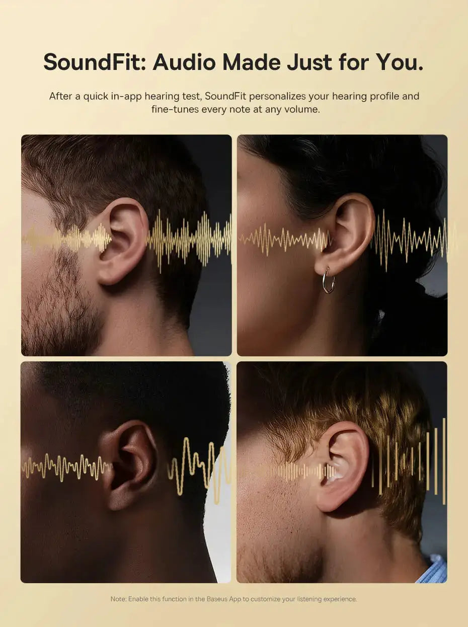 Baseus Bowie MH1 Bluetooth headphones collage showing four ears with gold audio waves
