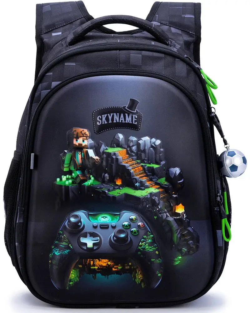 Backpack for kids, black with neon-green zippers, featuring a game controller and voxel world print.
