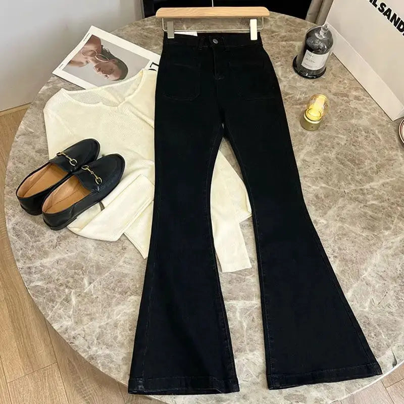 High Waist Loose Jeans Pockets Vintage Washed Denim Flare Trousers