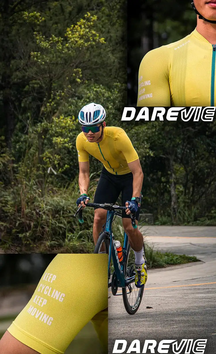 DAREVIE men's yellow cycling jersey with blue zipper worn by rider; collage shows DAREVIE logo and KEEP CYCLING KEEP MOVING text.