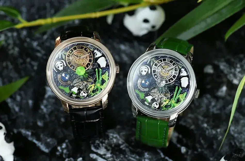 Two Panda Series men’s mechanical watches with panda dial and rotating crystal ball; black and green straps.