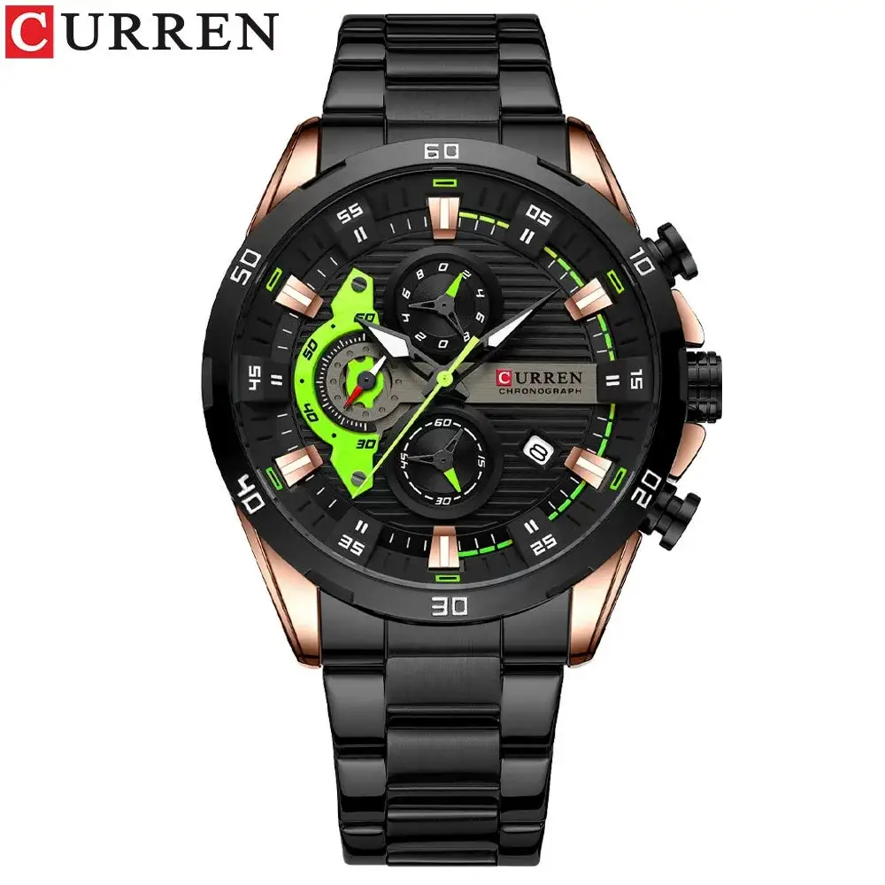 CURREN 8402 men's stainless steel chronograph wristwatch with black band and luminous green accents
