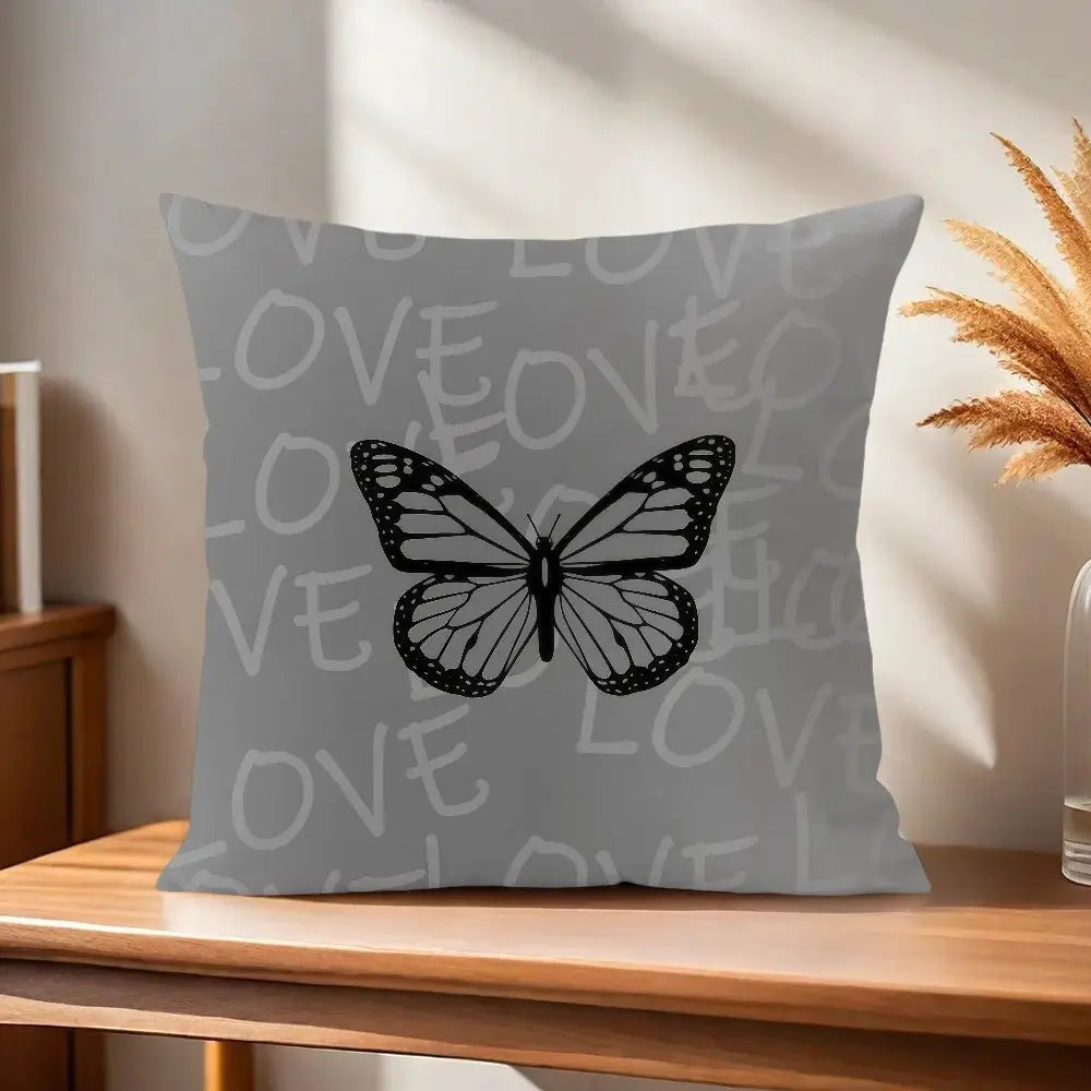 Gray pillow case with black butterfly motif and LOVE text pattern for sofa decor