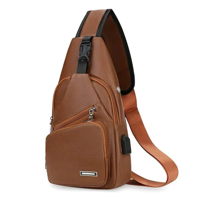 Men's brown chest bag with multiple zip pockets and adjustable crossbody strap