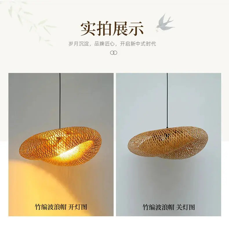 Handmade Vintage Bamboo Weaving LED Pendant Light Chandelier Living Room Kitchen Rattan Woven Lamp