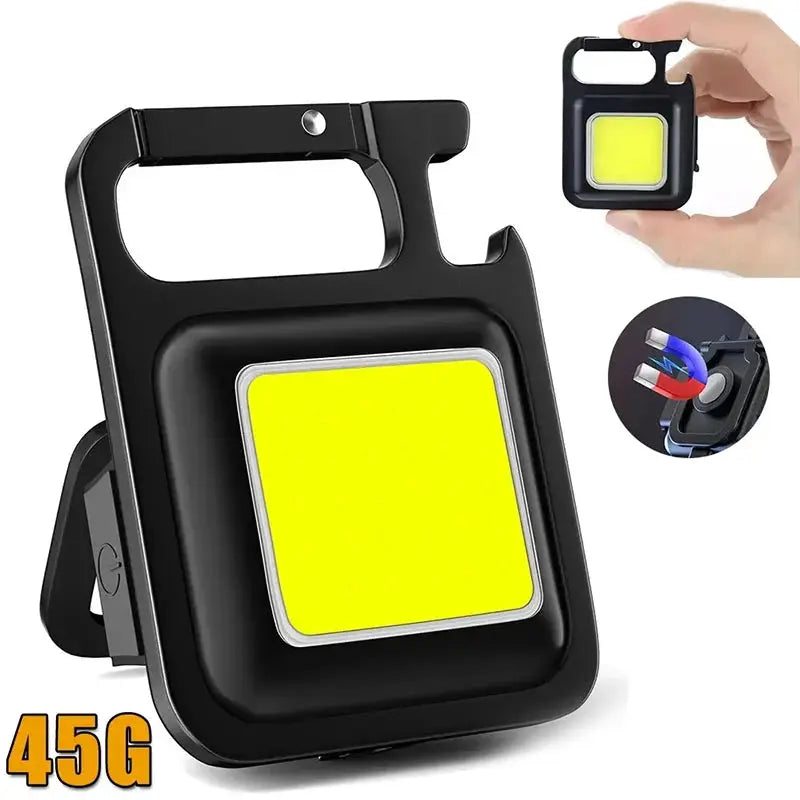Mini USB COB work light by Simples Market, black handheld lantern with 90° foldable side lights and yellow LED panel