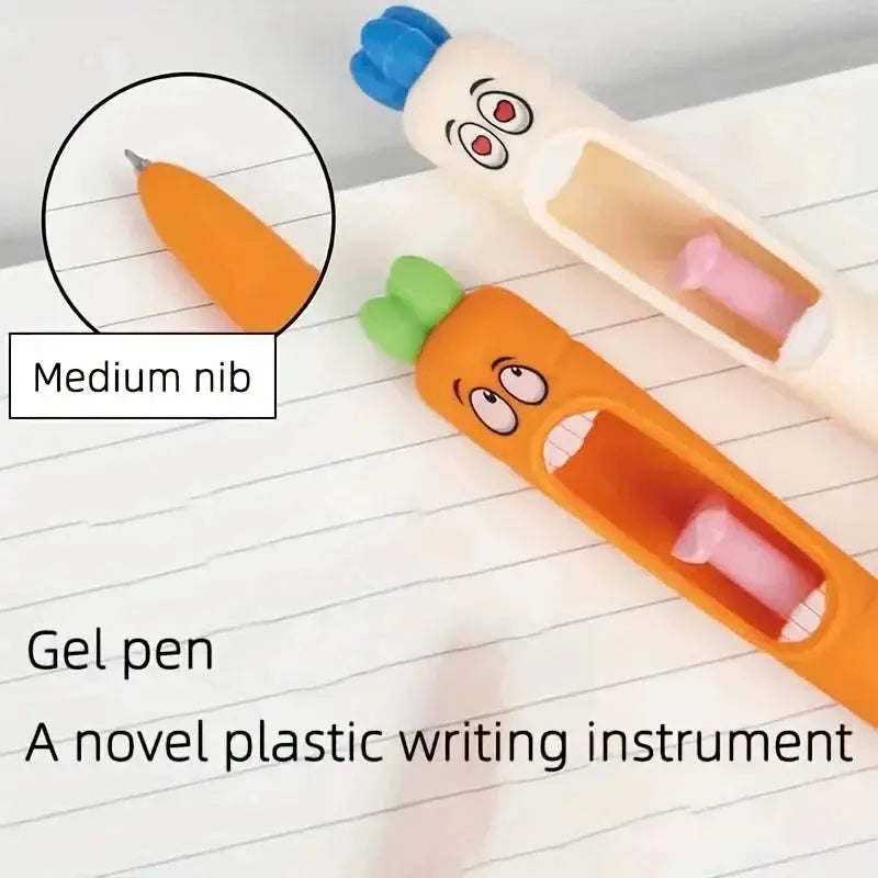 4pc radish-shaped gel pen set by Simples Market with orange and white bodies, green/blue caps, expressive faces and medium nibs