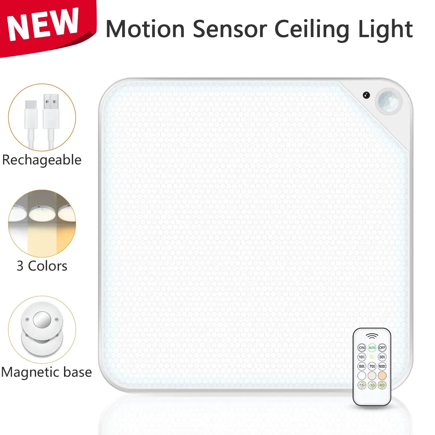 WILLED 8W rechargeable motion-sensor ceiling light with remote and magnetic base