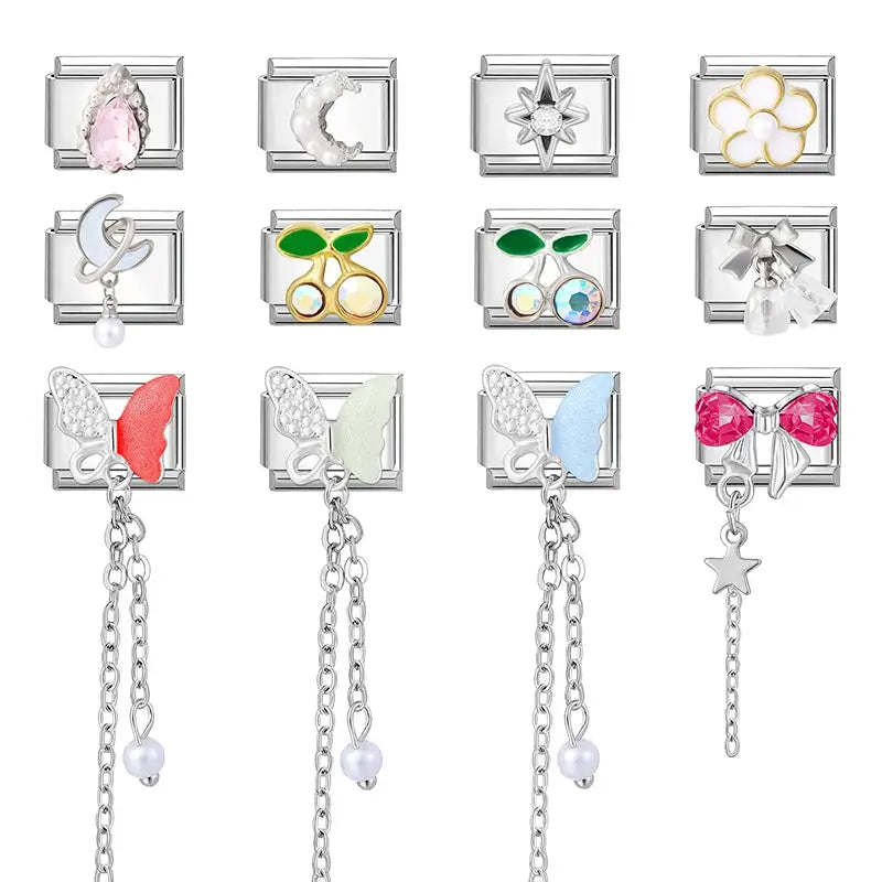 Zircon Moon Cherry Bow Knot Butterfly Heart Star Italian Charm Links For 9mm Bracelet Stainless Steel DIY Jewelry Gifts