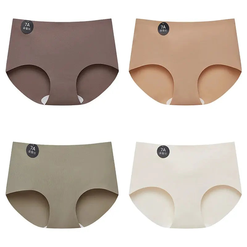 4-piece set of Mulberry silk seamless briefs for women in brown, beige, taupe, and ivory by Simples Market