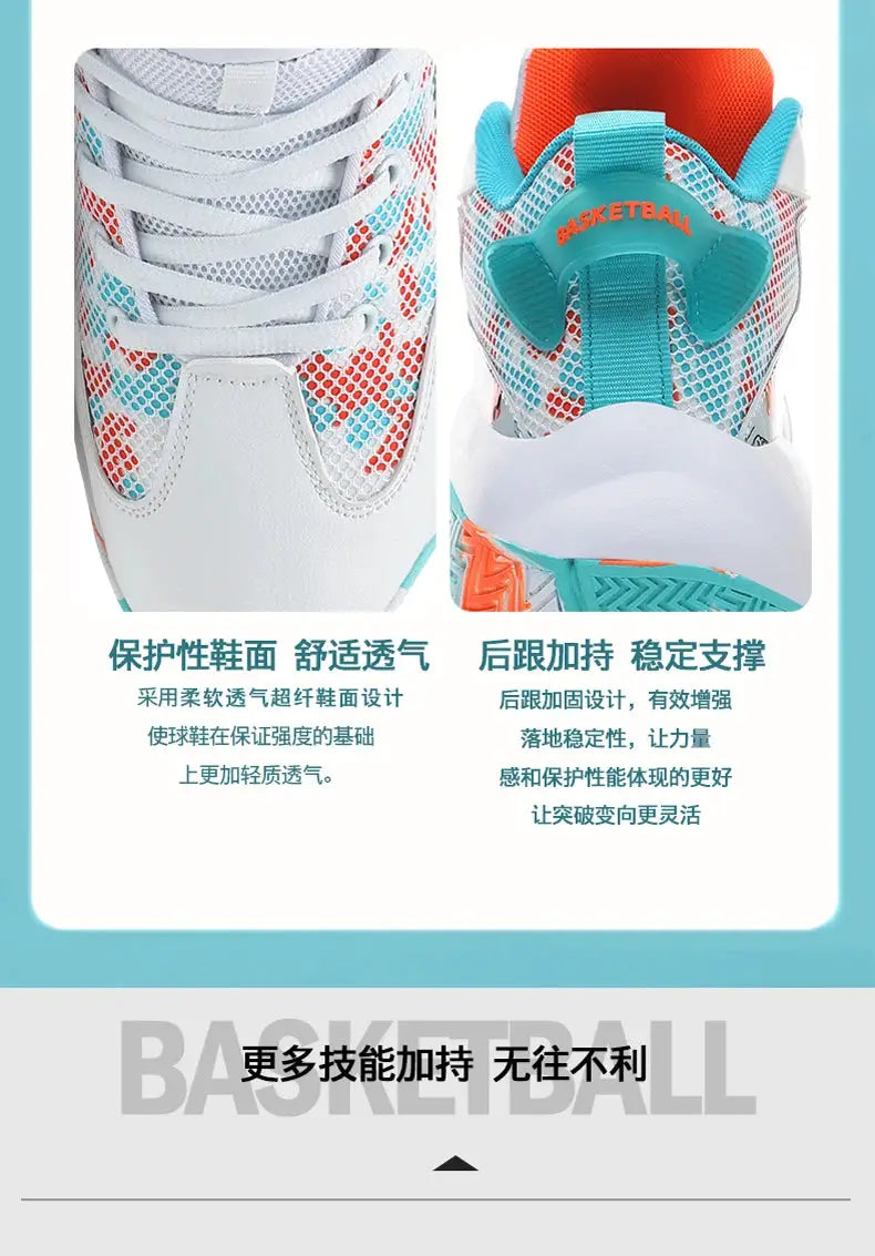 Men's sneakers with white mesh upper, turquoise accents, teal heel strap labeled basketball and orange lining.