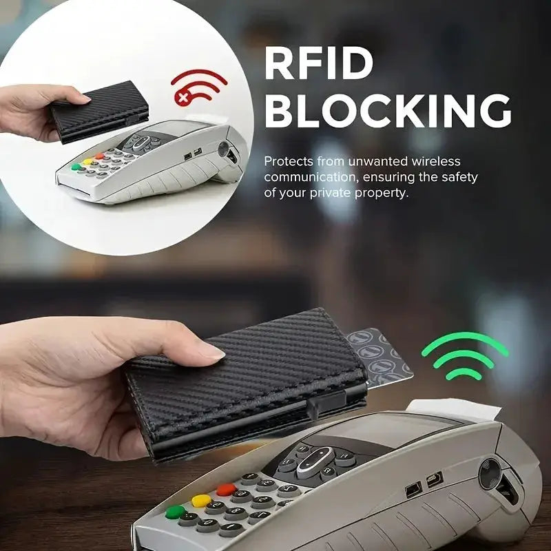 Unisex Minimalist Zipper Wallet With Coin Purse And Automatic Pop Up Metal Card Holder RFID Blocking