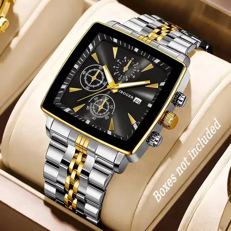 Men's luxury square-dial quartz wristwatch with black dial, gold bezel and two-tone stainless-steel bracelet