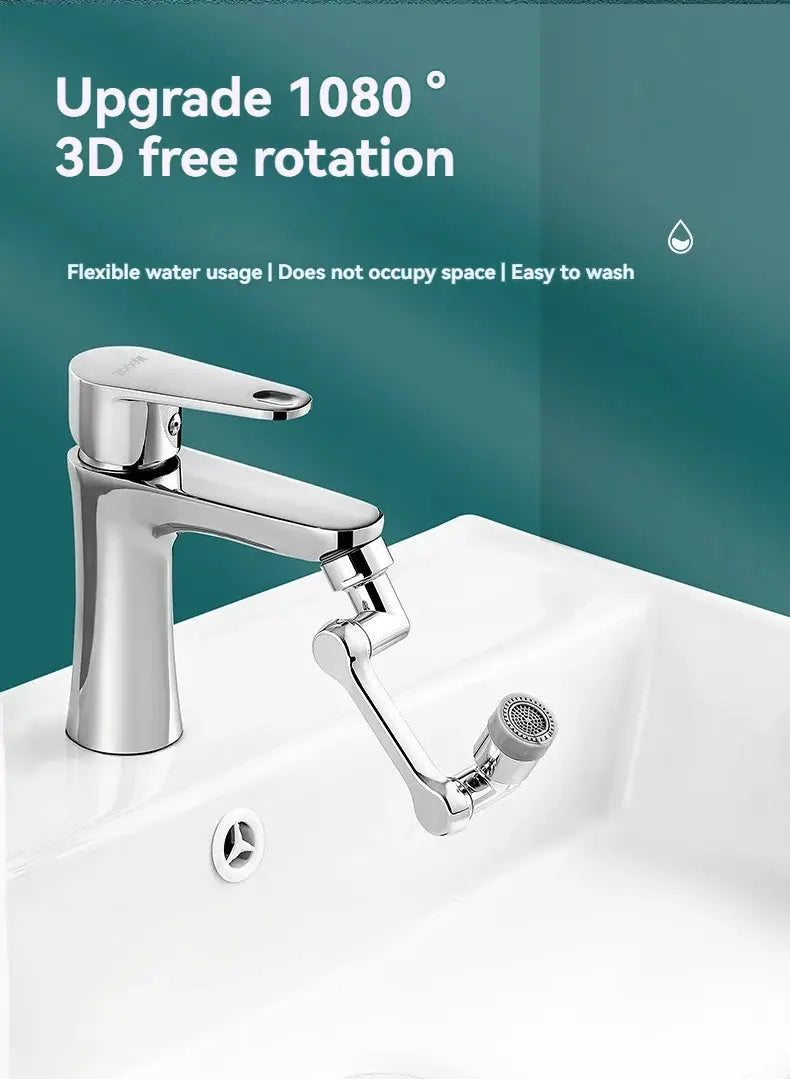 Chrome kitchen faucet with rotating extender arm and spray nozzle