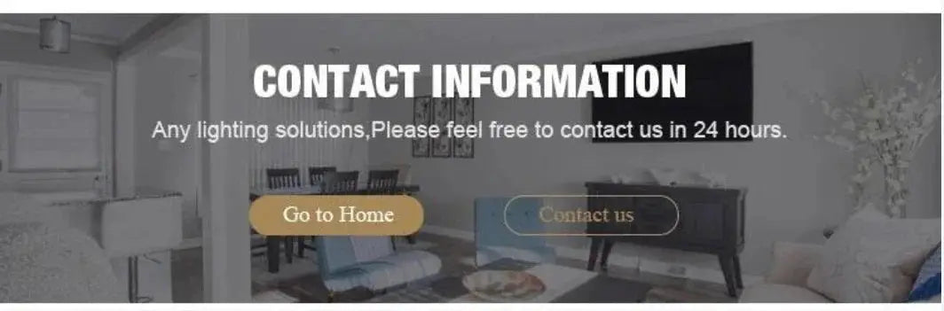 Contact information banner over a grayscale living room with two buttons: Go to Home and Contact us.