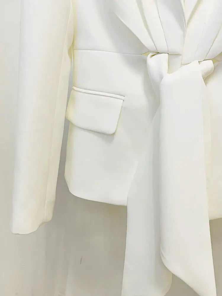 Women's white blazer from a two-piece suit set with a waist-tie belt and flap pocket