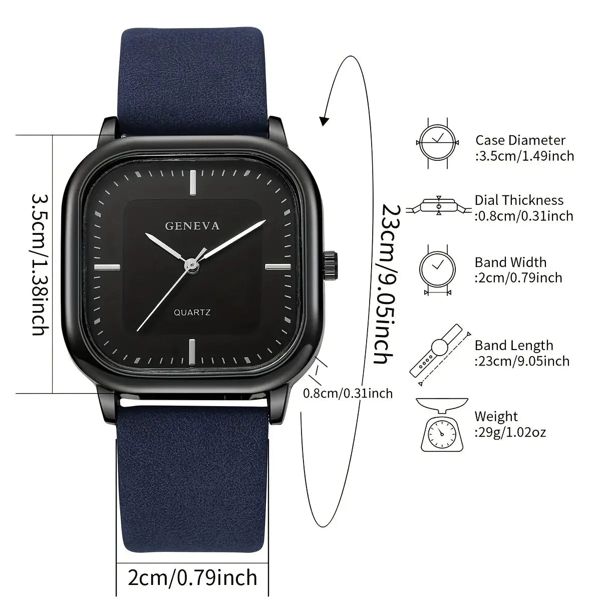 Geneva square-dial minimalist men's quartz watch with blue leather strap by Simples Market.
