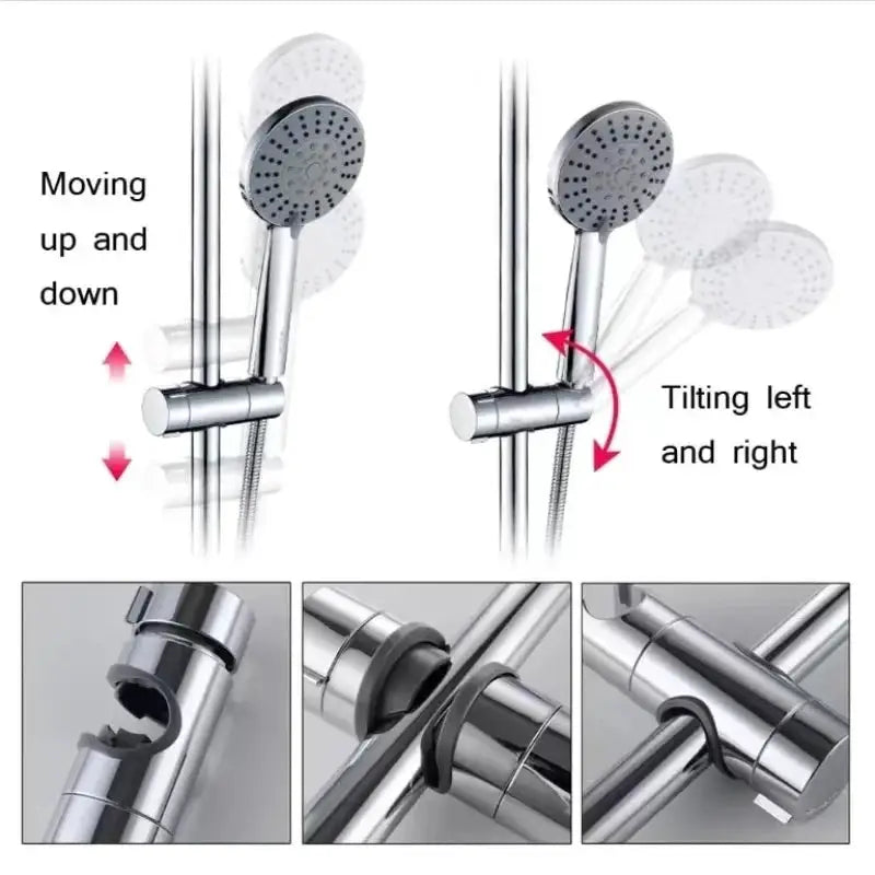 Simples Market universal shower head holder, chrome adjustable slide-bar bracket with tilting action.