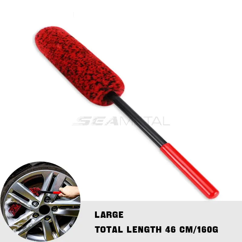 SEAMETAL car wheel detailing brush with bendable red fuzzy roller, black shaft and red handle, 46 cm