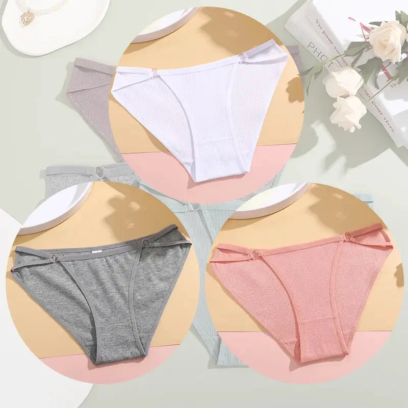 3-pack women's striped cotton briefs by Simples Market in white, gray, and pink
