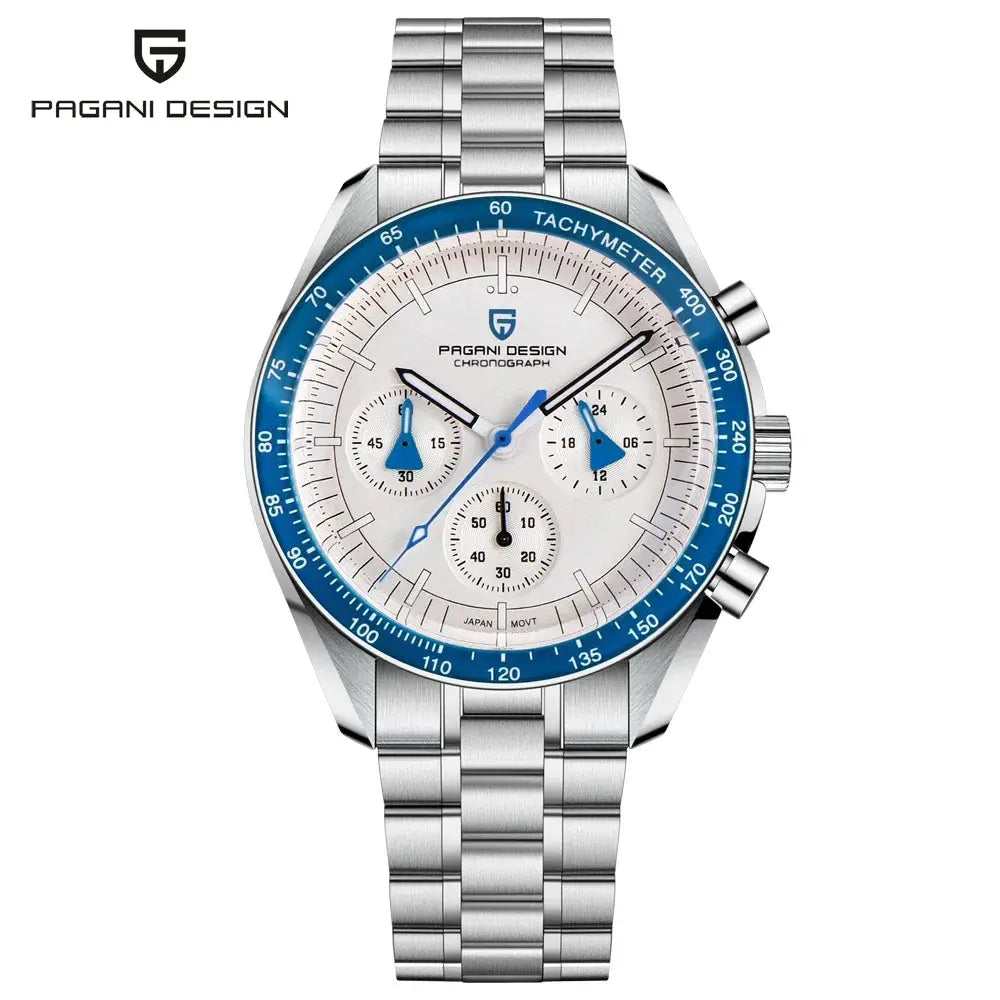 Pagani Design Moon men's chronograph watch with stainless steel bracelet, white dial and blue tachymeter bezel.