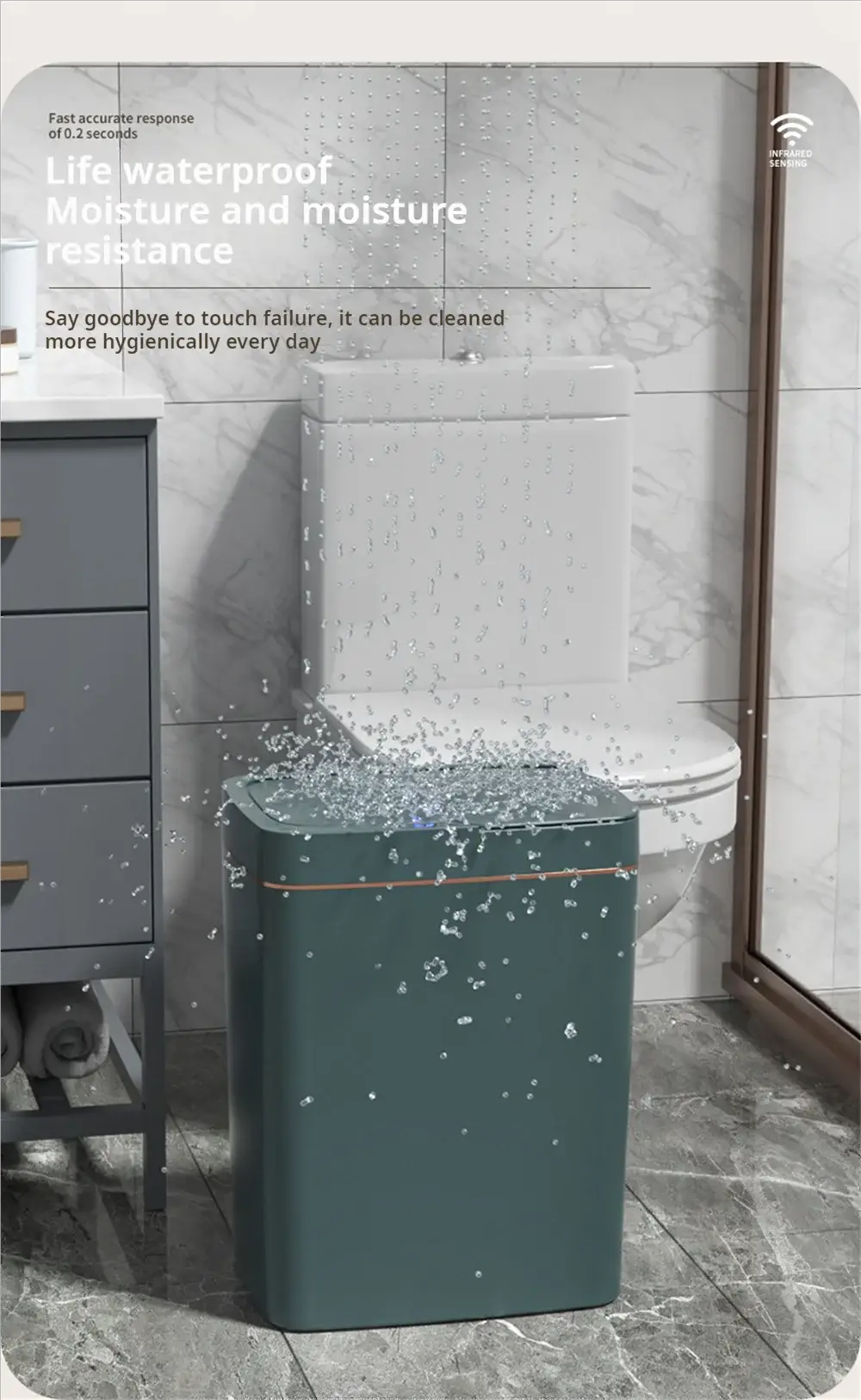 Smart bathroom trash can, teal narrow touchless sensor bin with lid, 15L capacity.