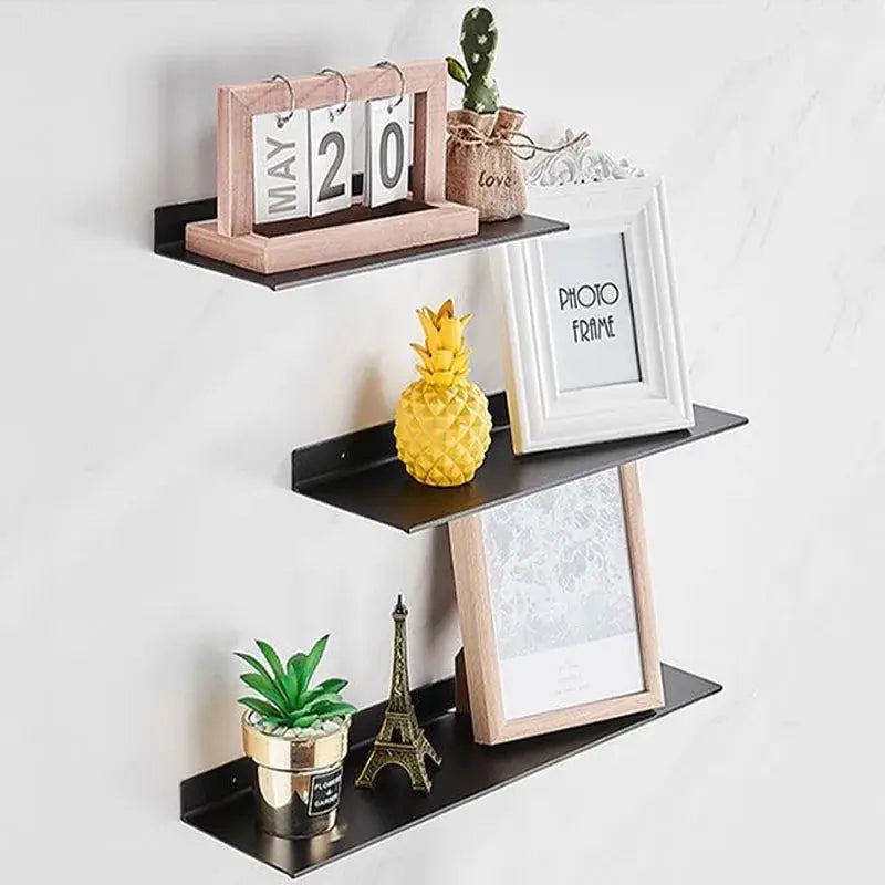 Simples Market floating wall shelf set, three-tier black finish, no-drill mounting for bathroom and kitchen storage