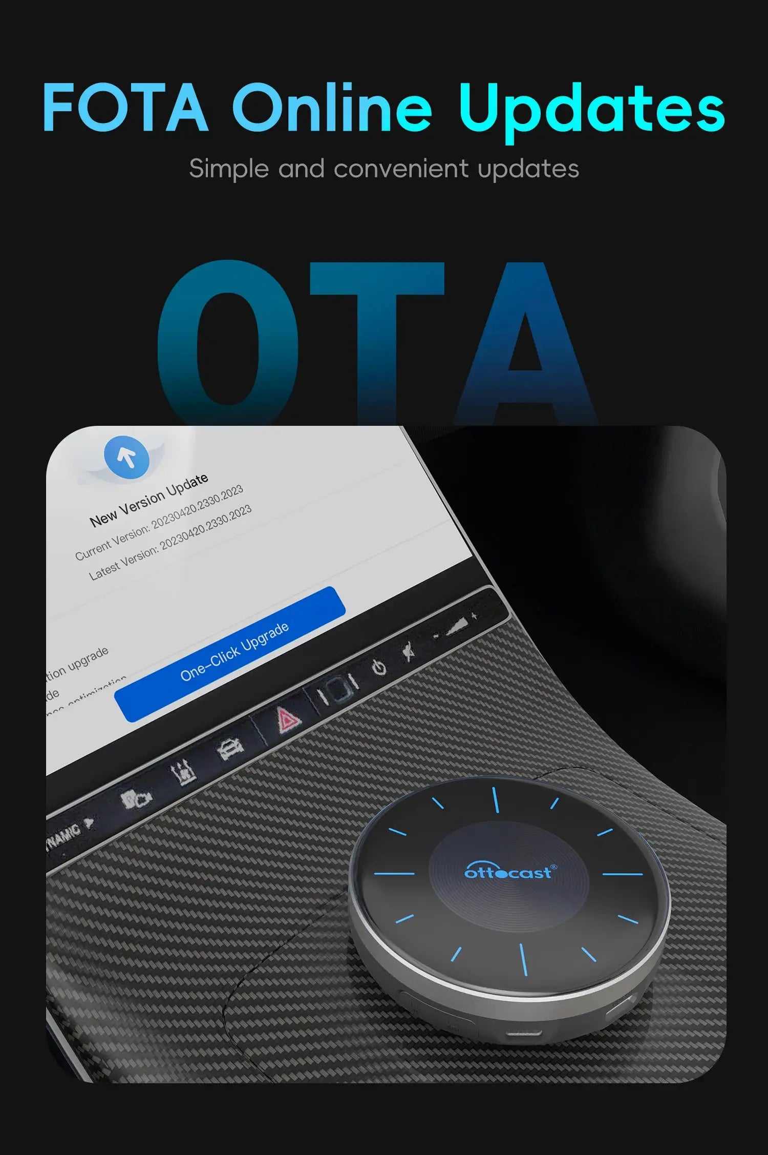 OTTOCAST P3 OttoAibox CarPlay AI Box on a carbon-fiber dashboard; round black device with blue LED ring
