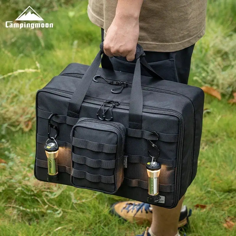CAMPINGMOON BK-46 large capacity storage bag, black tactical organizer with front pouches and Campingmoon logo
