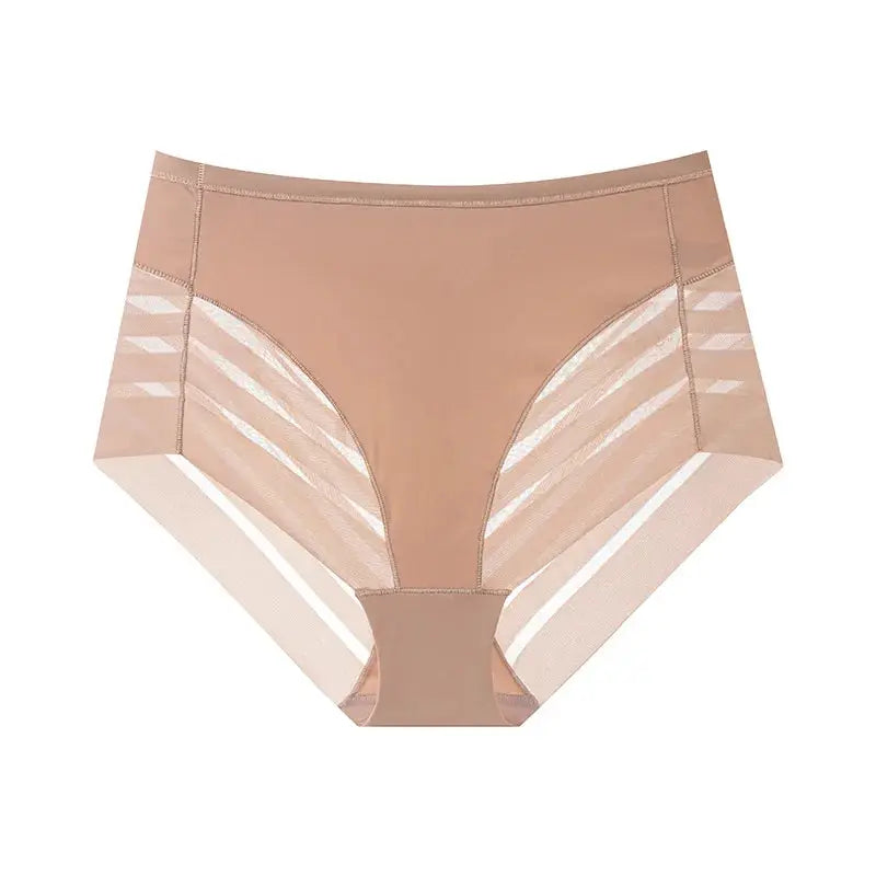 Women's beige ice silk tummy-control panties with mid waist and mesh side panels, butt lifter shapewear