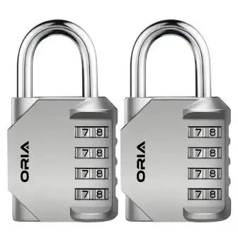 ORIA 2-pack silver combination padlocks with 4-digit resettable codes, waterproof outdoor design.