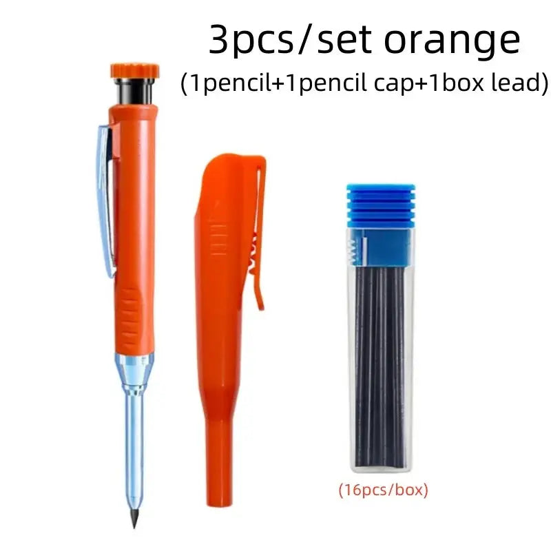Orange carpenter pencil set with 2.8mm lead; includes 1 pencil, 1 cap, and 16 leads