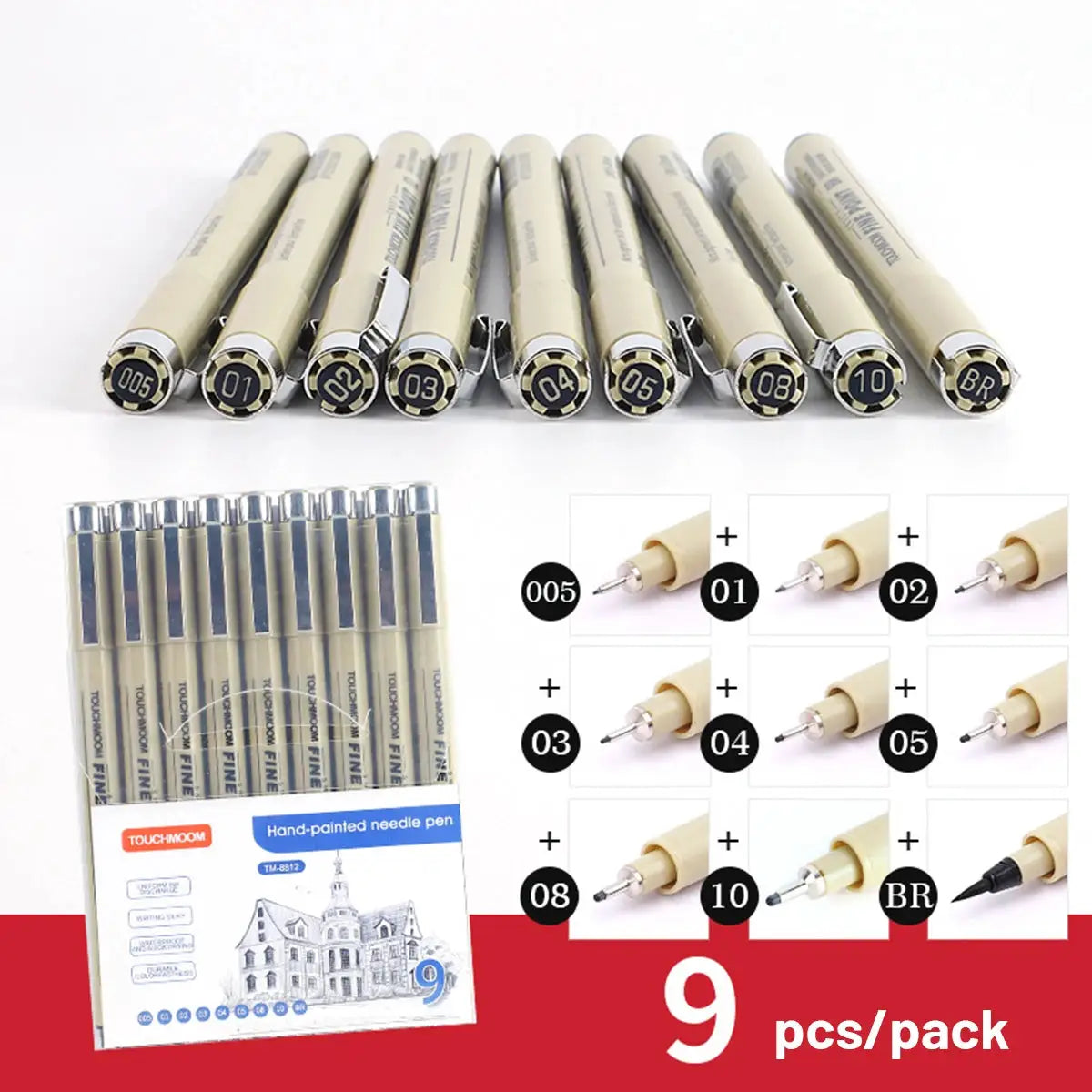 Simples Market hand-painted needle fineliner pen set, 9 pcs beige pens with metal tips, numbered 001–010 (BR).