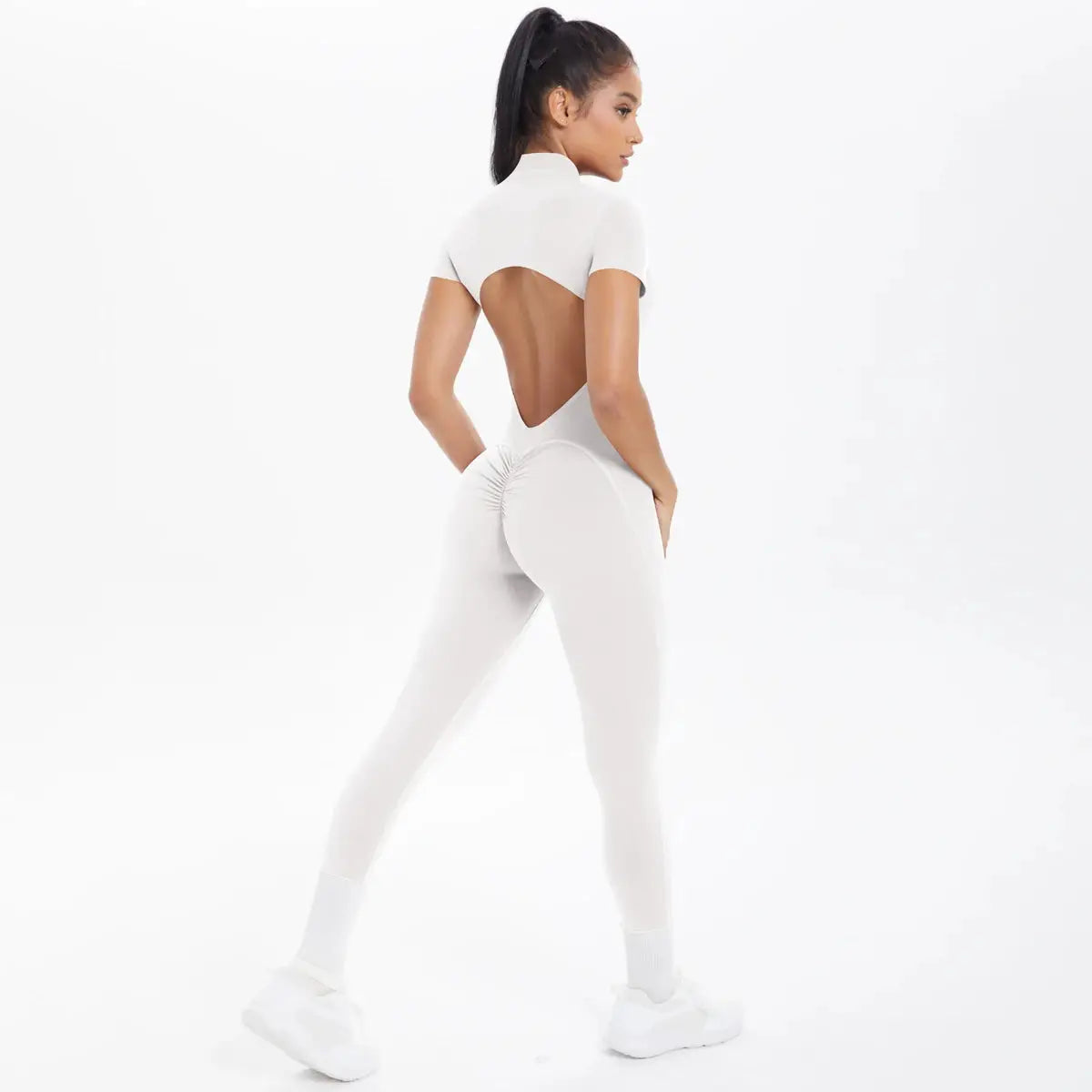 White backless fitness bodysuit for women, short-sleeve scrunch rear one-piece jumpsuit